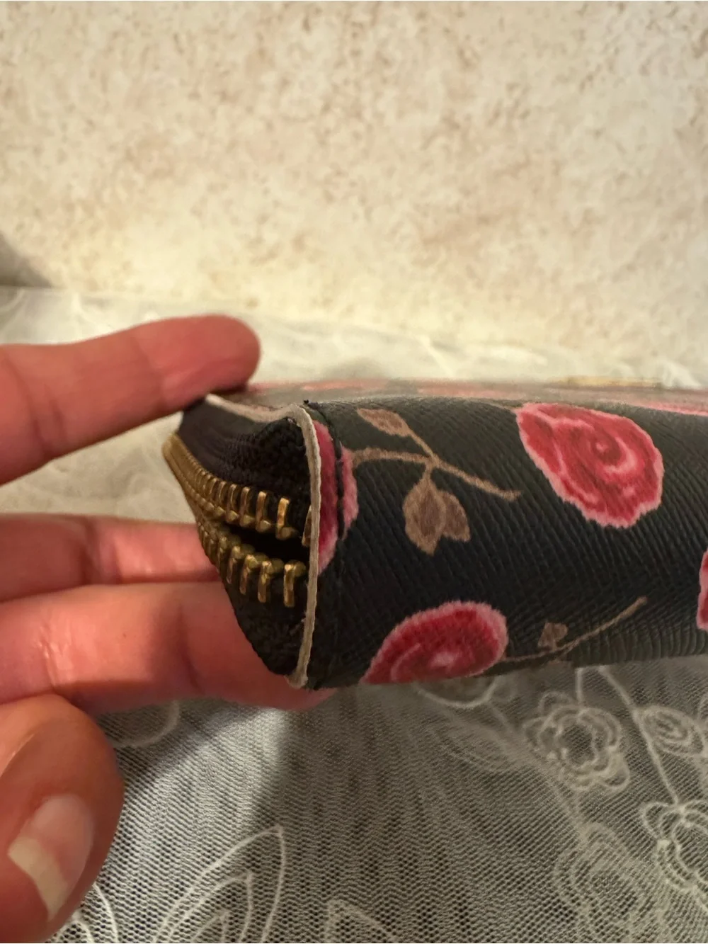 Kate Spade Black Wallet with Pink Rose Print